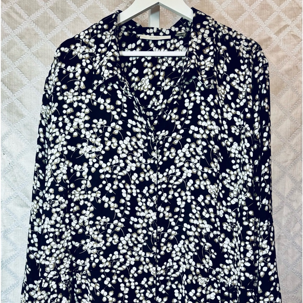 Sejour Black and White Floral Print Button Front Tunic with Gathered Back, 3X